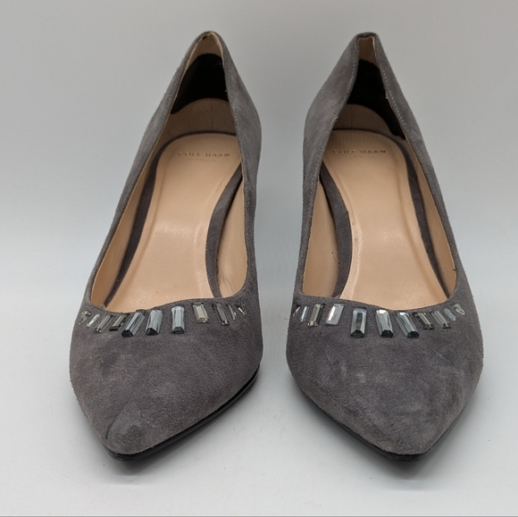 Cole Haan grey leather rhinestone accent point toe heel 8.5 - Picture 2 of 12